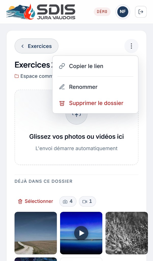 Actions d’un dossier : copier le lien, renommer, supprimer
