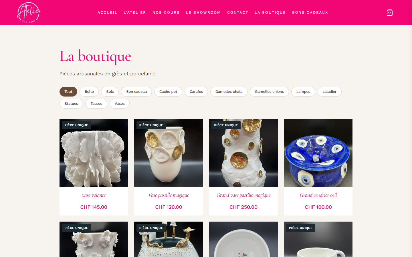 La boutique : catégories, filtres et pièces uniques en grès et porcelaine